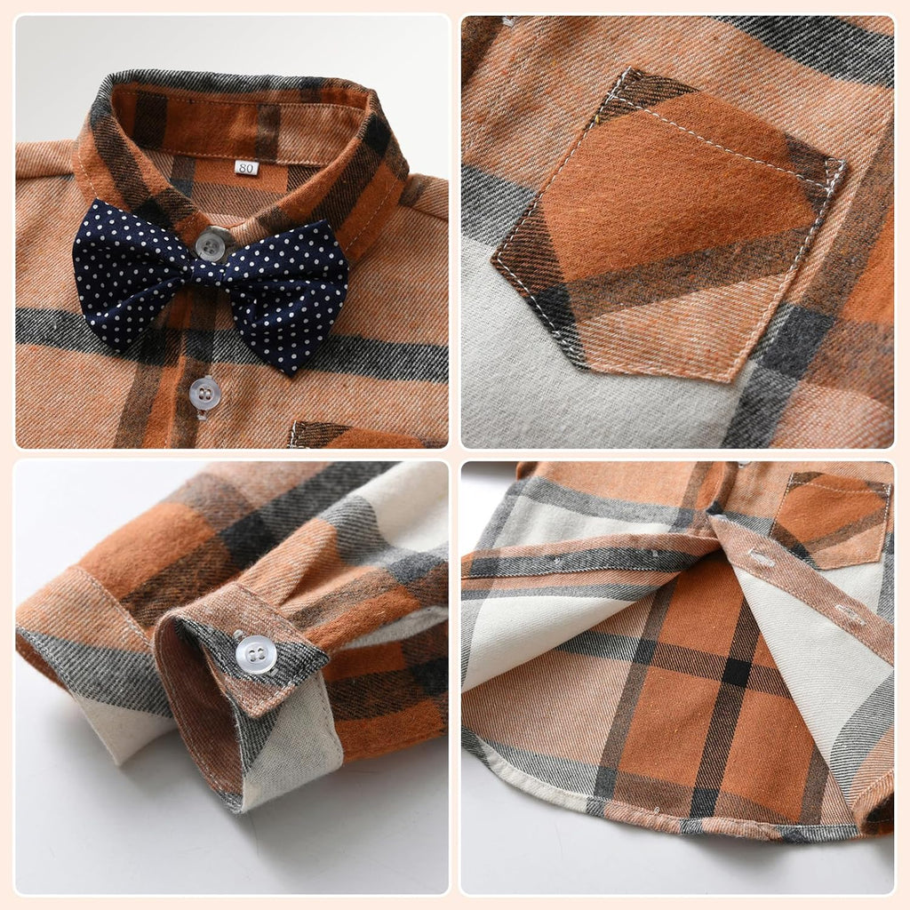 Boy Gentleman Plaid Outfits Toddler Long Sleeve Shirt with Bow Ties Suspenders Pants Kid Dress Suit for 1-6 Years