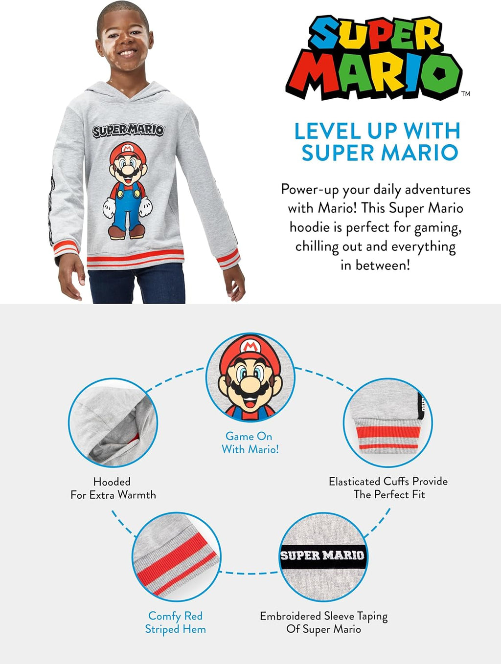 Hoodie | Mario Boys Hoodie | Boys' Hoodies | Ages 3 to 12 Years | Official Mario Merchandise