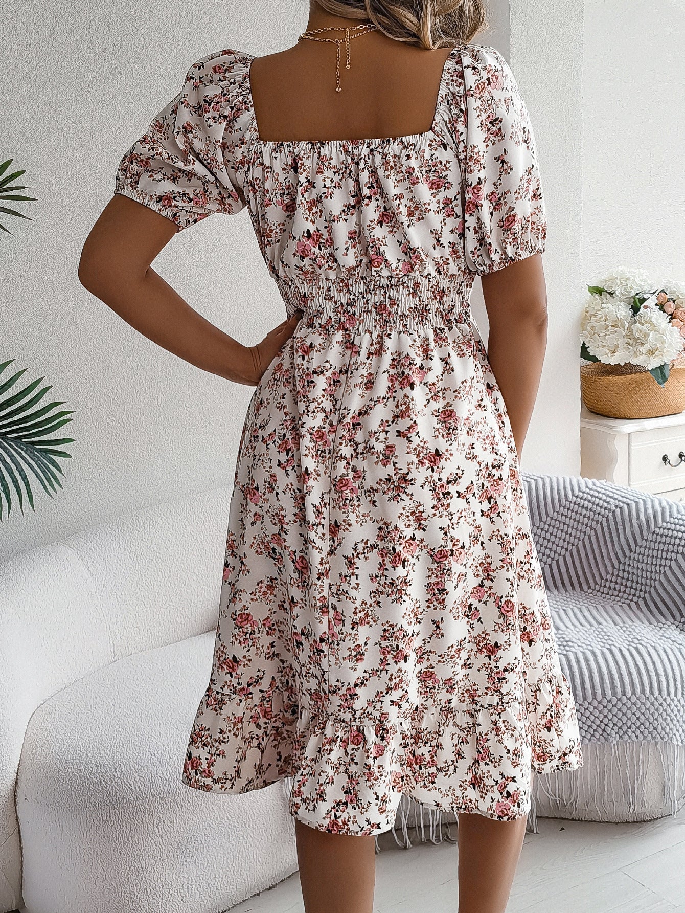 Floral Print Square Collar Dress Summer Fashion Ruffles Dresses Women'S Clothing