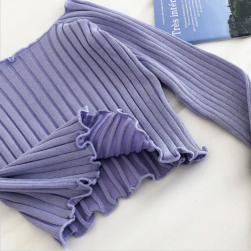 Autumn off Shoulder Crop Top Knitted T Shirts Hot Sale Long Sleeve Solid Short T-Shirts for Women Clothing Fashion Slim T-Shirt