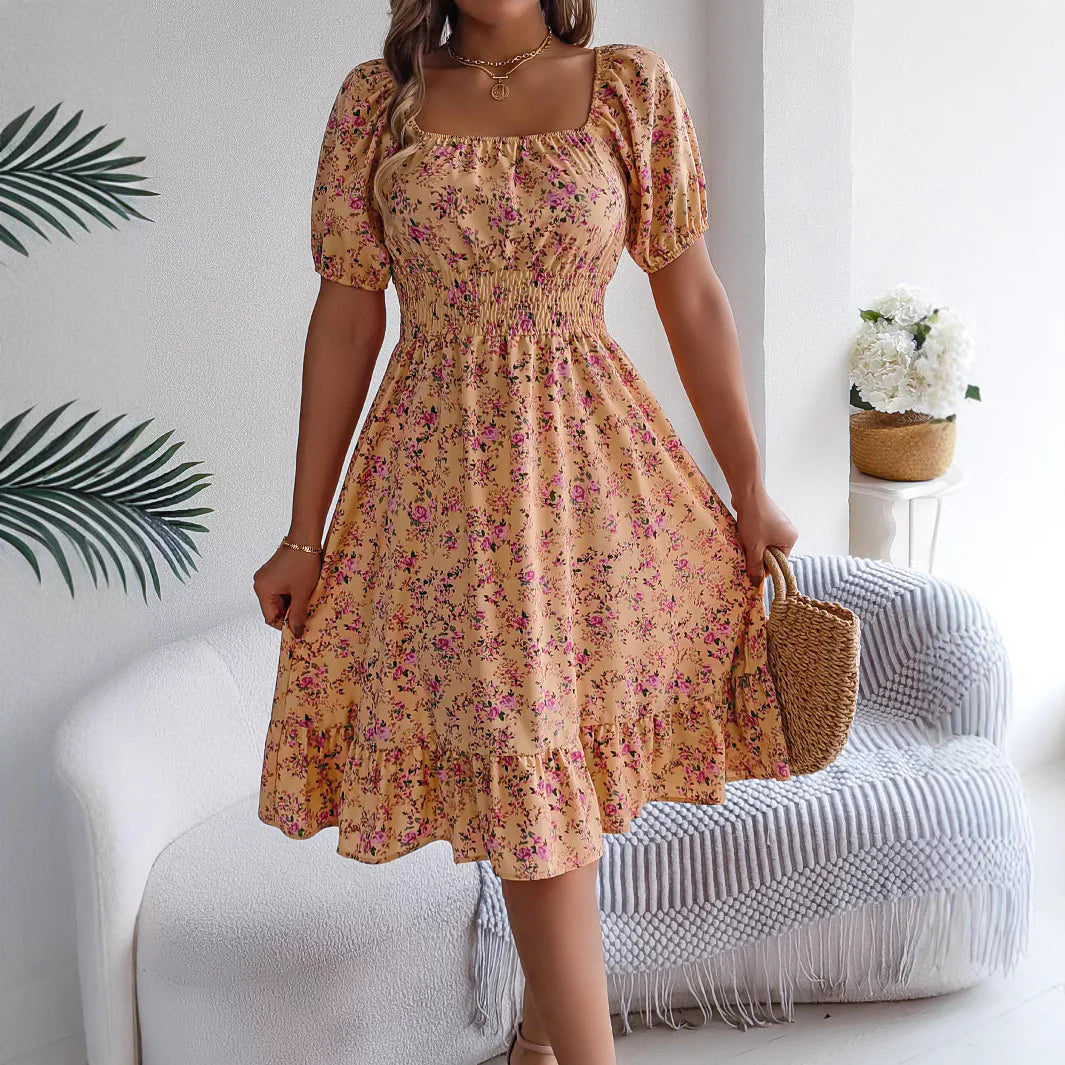 Floral Print Square Collar Dress Summer Fashion Ruffles Dresses Women'S Clothing