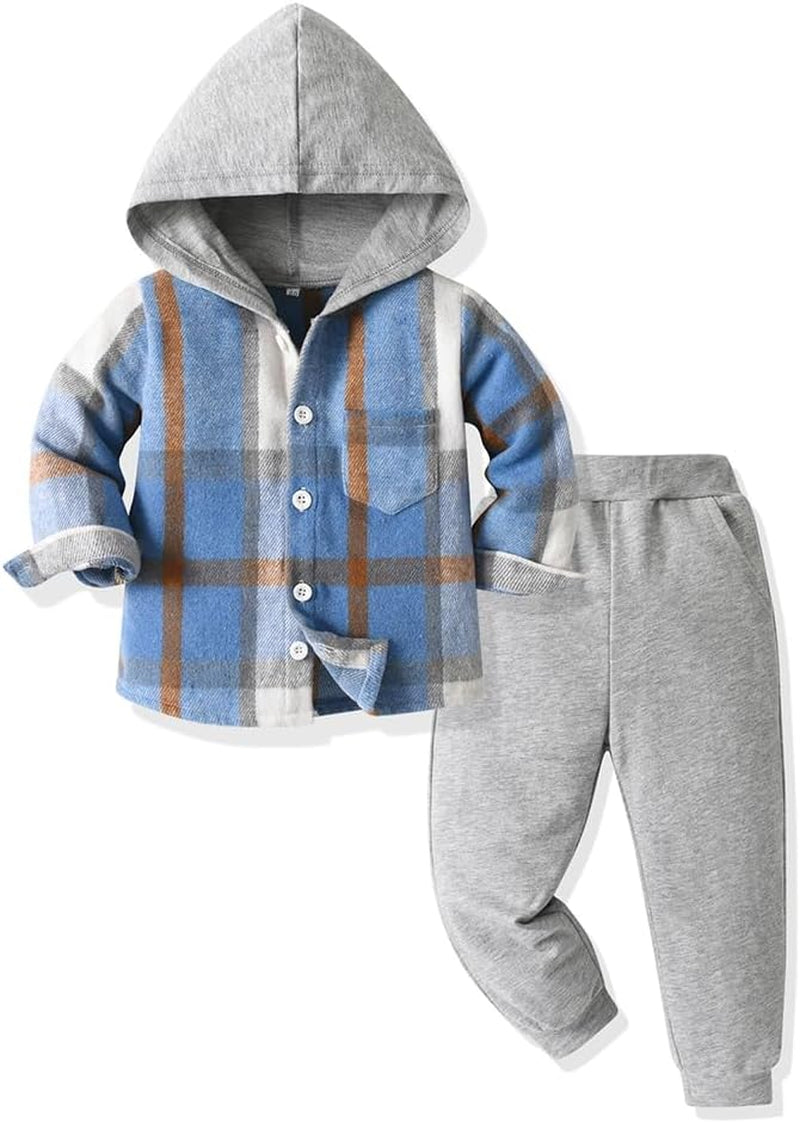 Toddler Baby Boys Clothes Outfit 2PCS Cotton Plaid Boy Hoodies Shirt Tops +Pants Set Little Boys Sweatsuit Suit Kids Tracksuit Spring Fall Winter Clothing Set