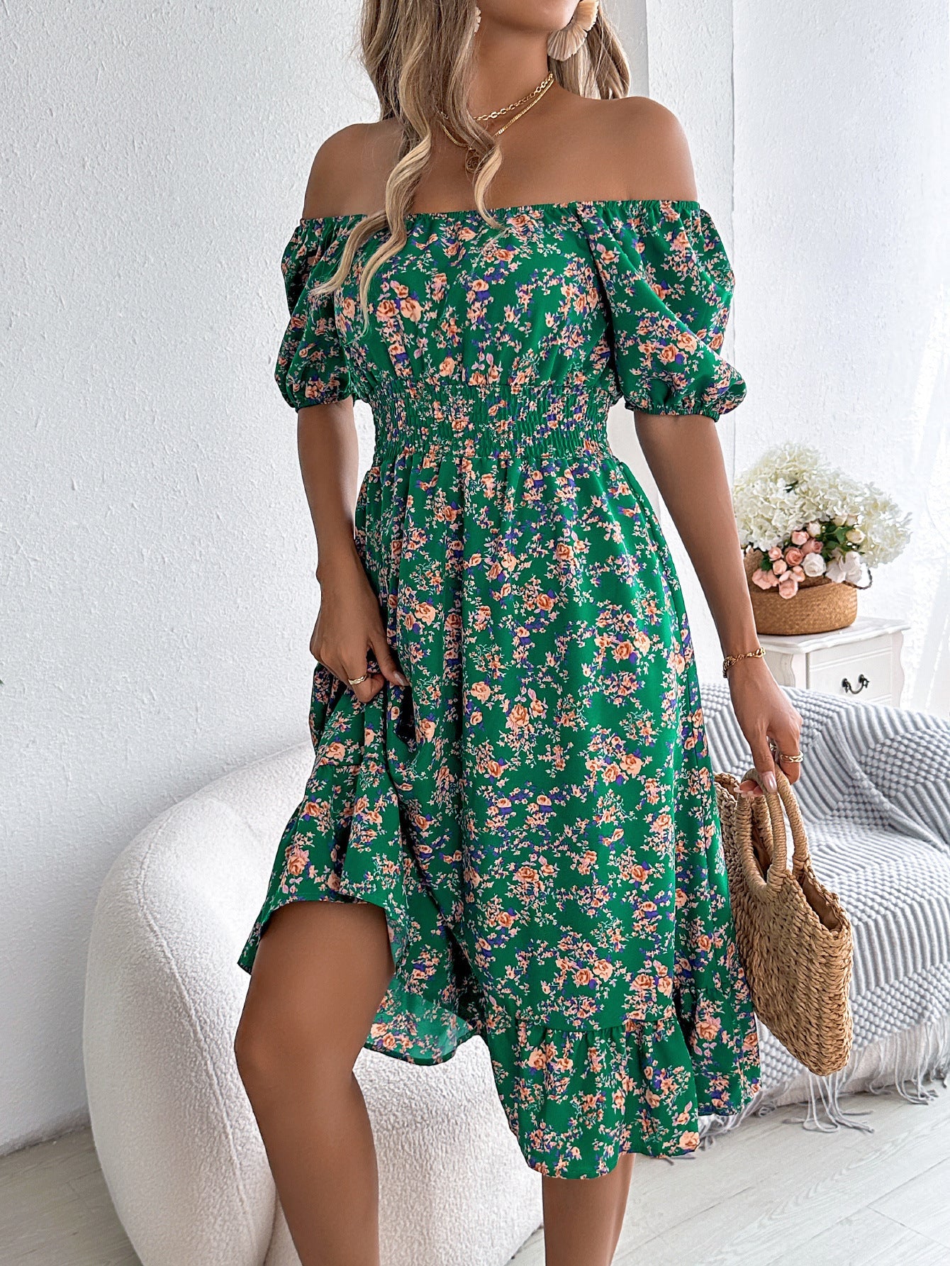 Floral Print Square Collar Dress Summer Fashion Ruffles Dresses Women'S Clothing