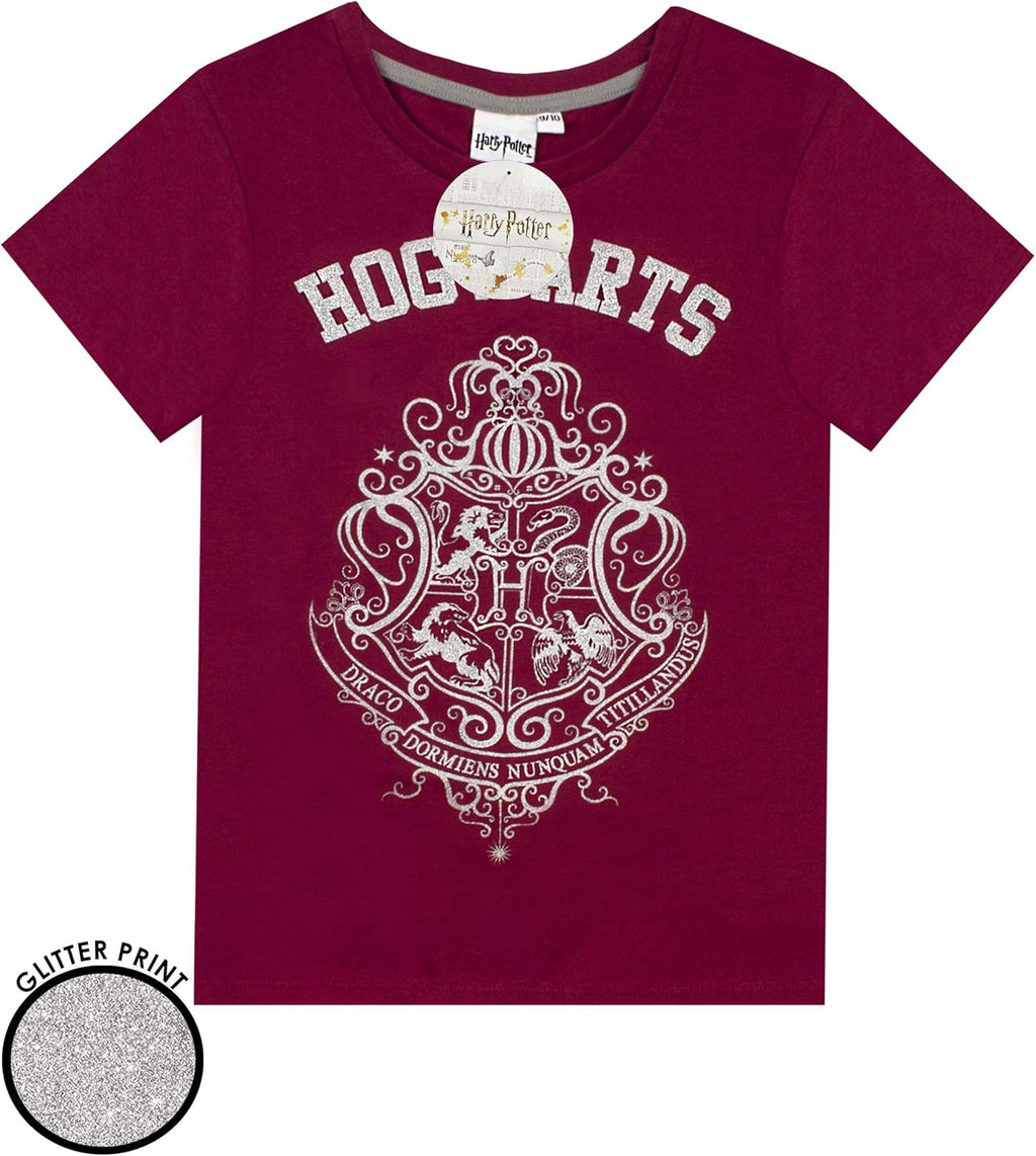 Girls Pyjama Set | Hogwarts Glitter Crest Long or Short Leg Pjs in Burgundy & Pink | Kids Sleepwear for Bedtime, Lounging or Sleepovers | Officially Licensed Wizarding World Merchandise