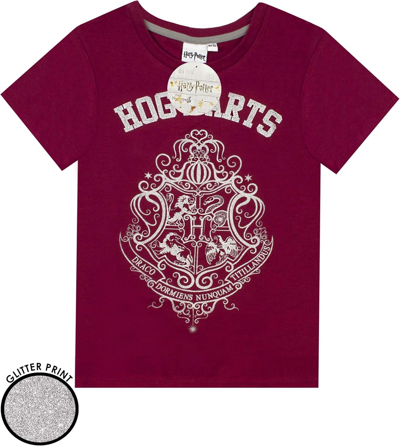 Girls Pyjama Set | Hogwarts Glitter Crest Long or Short Leg Pjs in Burgundy & Pink | Kids Sleepwear for Bedtime, Lounging or Sleepovers | Officially Licensed Wizarding World Merchandise