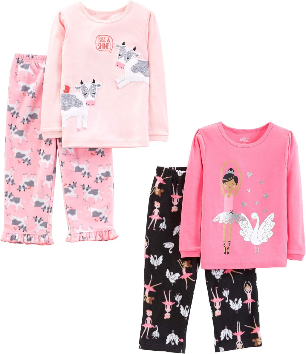 Girl'S 4-Piece Pajama Set (Cotton Top & Fleece Bottom) Pajama Set (Pack of 1)