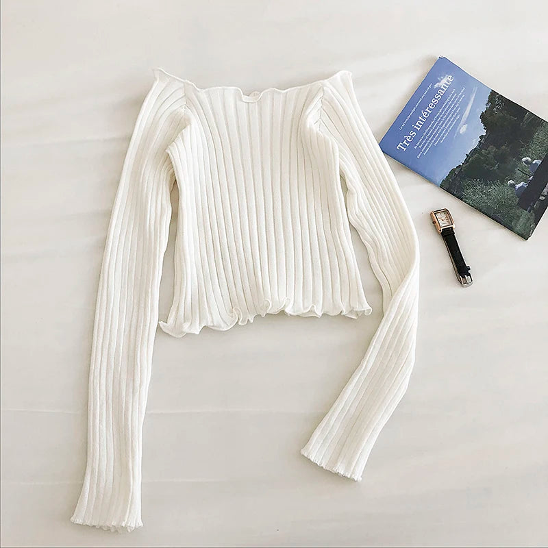Autumn off Shoulder Crop Top Knitted T Shirts Hot Sale Long Sleeve Solid Short T-Shirts for Women Clothing Fashion Slim T-Shirt