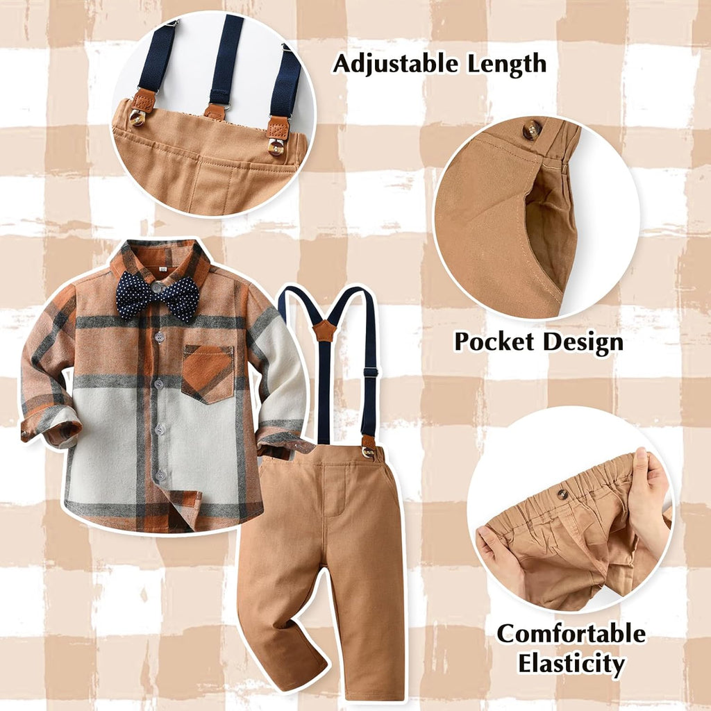 Boy Gentleman Plaid Outfits Toddler Long Sleeve Shirt with Bow Ties Suspenders Pants Kid Dress Suit for 1-6 Years