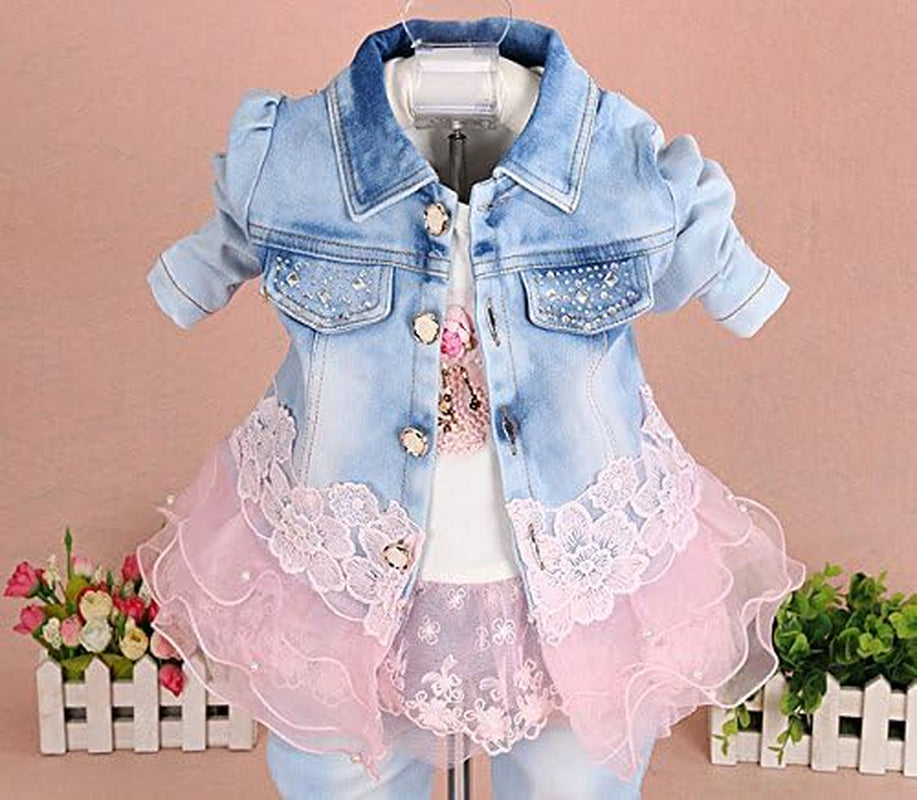 Baby Girls Denim Clothing Sets 3 Pieces Sets T Shirt Denim Jacket and Jeans