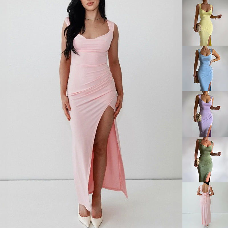 Slim Sleeveless Slit Dress with Back Tie Design Fashion Temperament Dresses for Women Clothing
