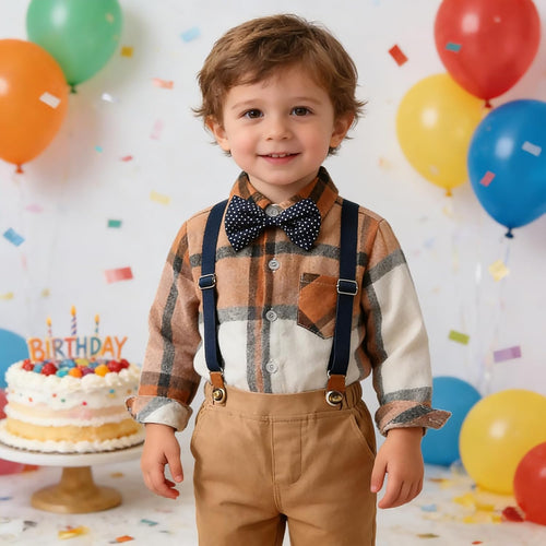 Boy Gentleman Plaid Outfits Toddler Long Sleeve Shirt with Bow Ties Suspenders Pants Kid Dress Suit for 1-6 Years