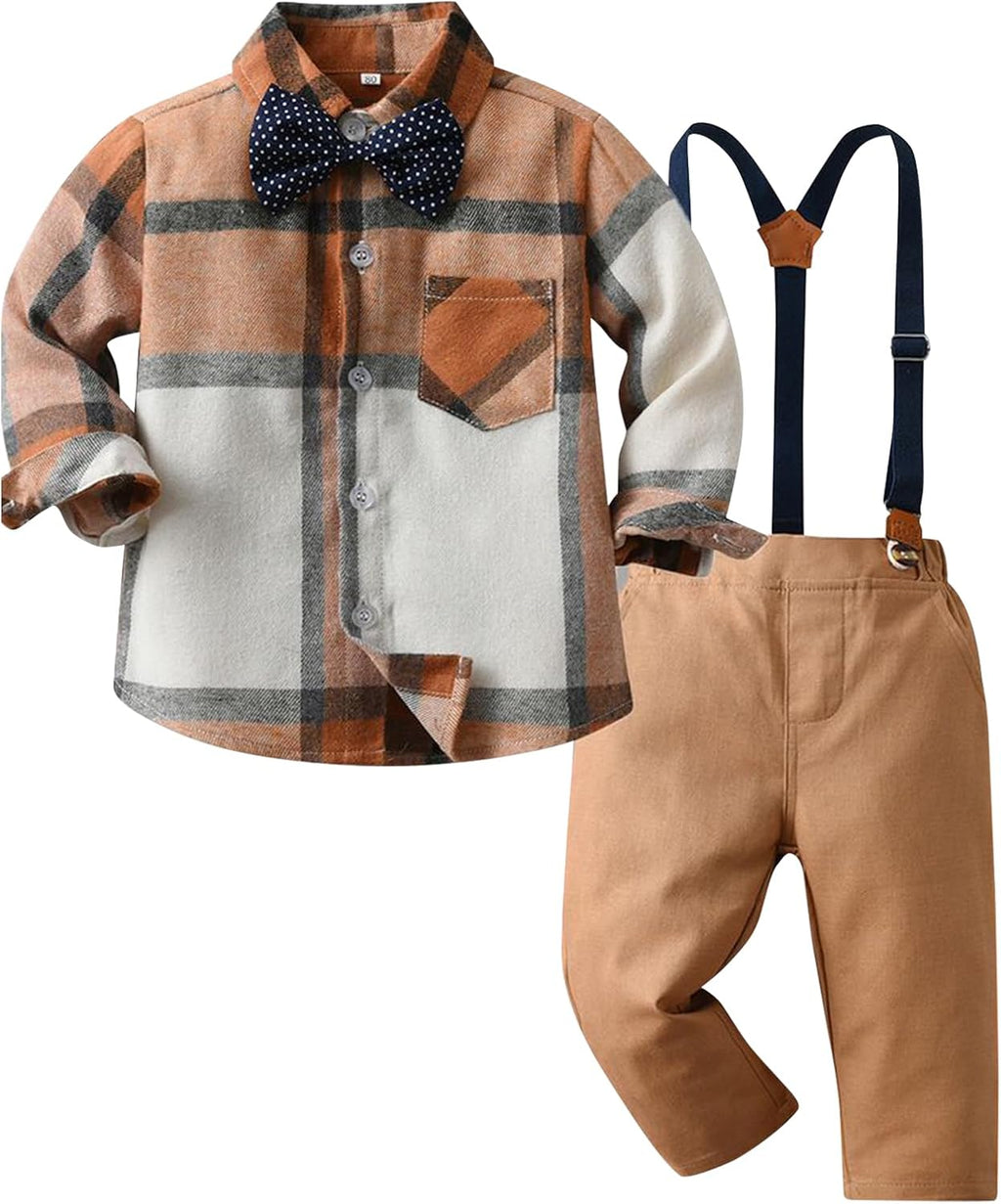 Boy Gentleman Plaid Outfits Toddler Long Sleeve Shirt with Bow Ties Suspenders Pants Kid Dress Suit for 1-6 Years