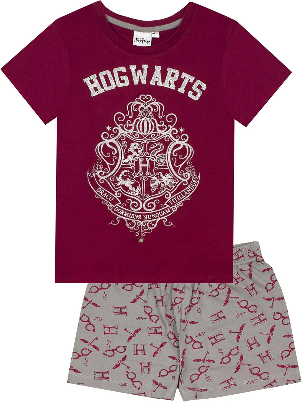 Girls Pyjama Set | Hogwarts Glitter Crest Long or Short Leg Pjs in Burgundy & Pink | Kids Sleepwear for Bedtime, Lounging or Sleepovers | Officially Licensed Wizarding World Merchandise