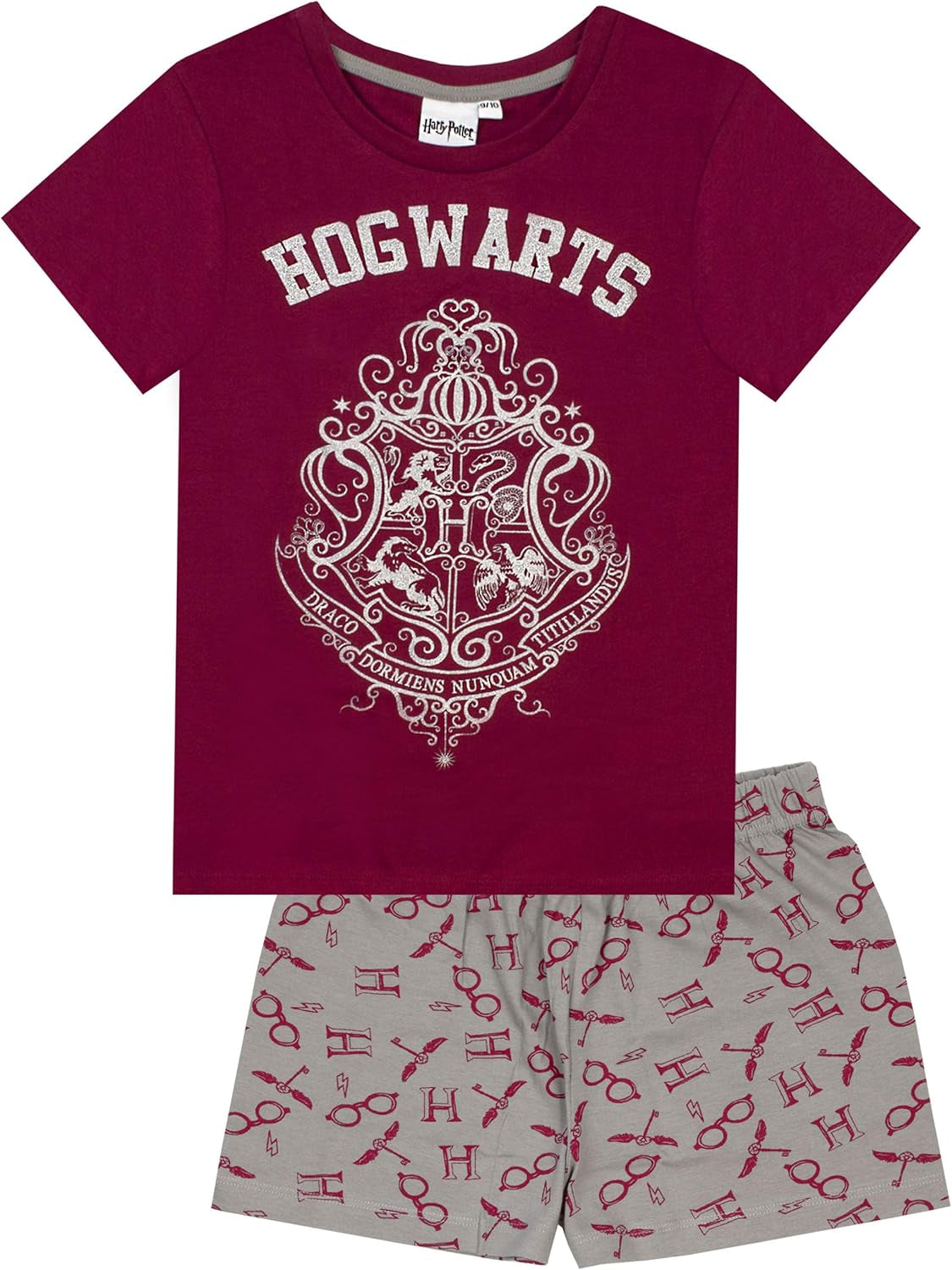 Girls Pyjama Set | Hogwarts Glitter Crest Long or Short Leg Pjs in Burgundy & Pink | Kids Sleepwear for Bedtime, Lounging or Sleepovers | Officially Licensed Wizarding World Merchandise