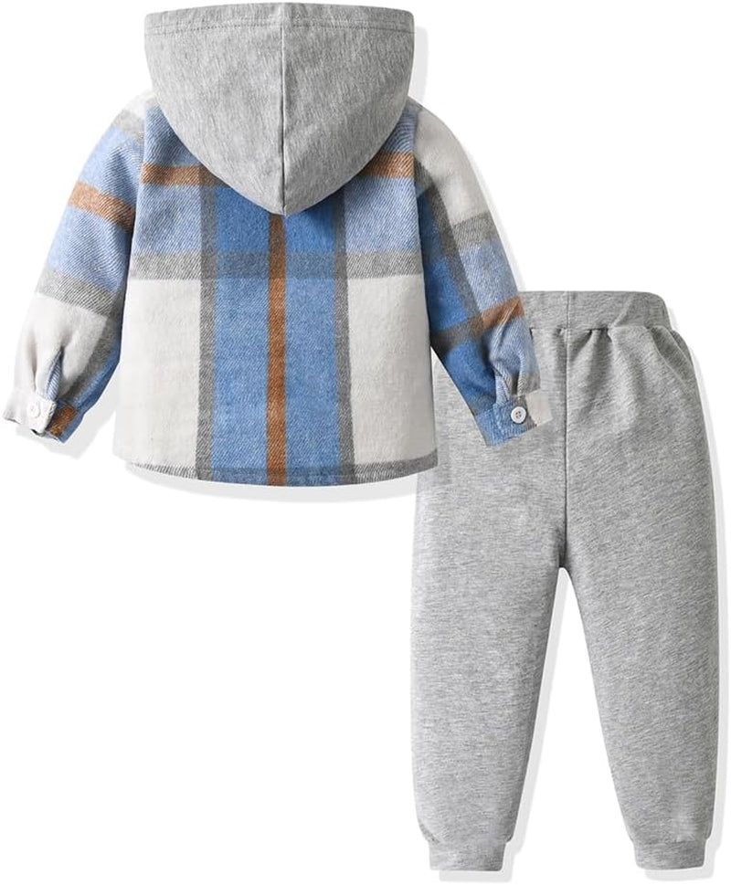 Toddler Baby Boys Clothes Outfit 2PCS Cotton Plaid Boy Hoodies Shirt Tops +Pants Set Little Boys Sweatsuit Suit Kids Tracksuit Spring Fall Winter Clothing Set
