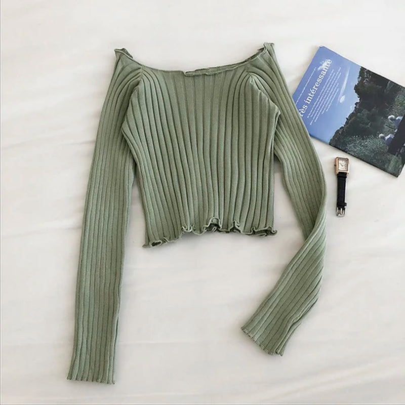 Autumn off Shoulder Crop Top Knitted T Shirts Hot Sale Long Sleeve Solid Short T-Shirts for Women Clothing Fashion Slim T-Shirt