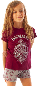 Girls Pyjama Set | Hogwarts Glitter Crest Long or Short Leg Pjs in Burgundy & Pink | Kids Sleepwear for Bedtime, Lounging or Sleepovers | Officially Licensed Wizarding World Merchandise